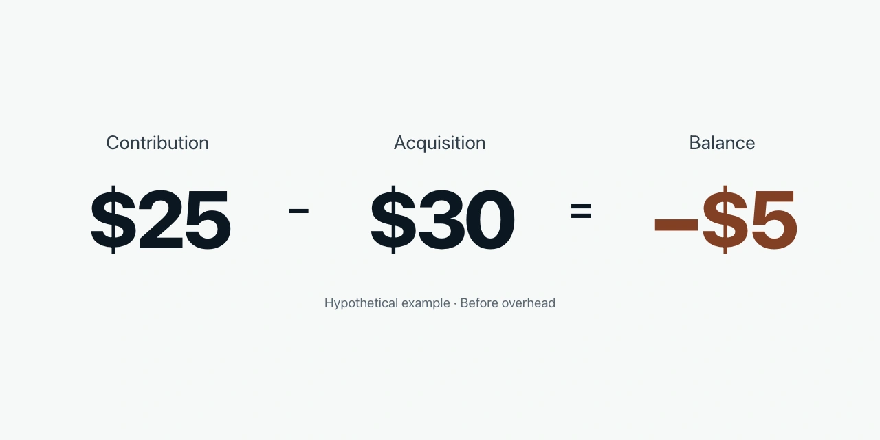 $25 contribution minus $30 acquisition cost leaves a negative $5 first-order balance before overhead.